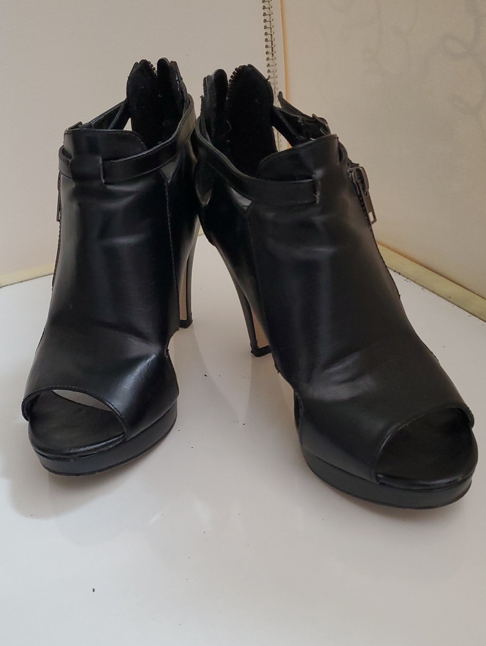 Black Peep-Toe Heeled Booties - Women's Fashion